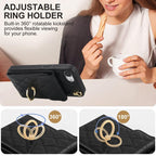 Rhombic Texture Card Bag Phone Case with Long Lanyard – Lanyard, Leather, TPU, For iPhone 17e / 16e, For iPhone 17 Pro Max, For iPhone 17 Pro