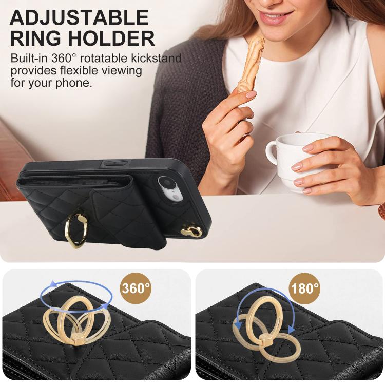 Rhombic Texture Card Bag Phone Case with Long Lanyard – Lanyard, Leather, TPU, For iPhone 17e / 16e, For iPhone 17 Pro Max, For iPhone 17 Pro