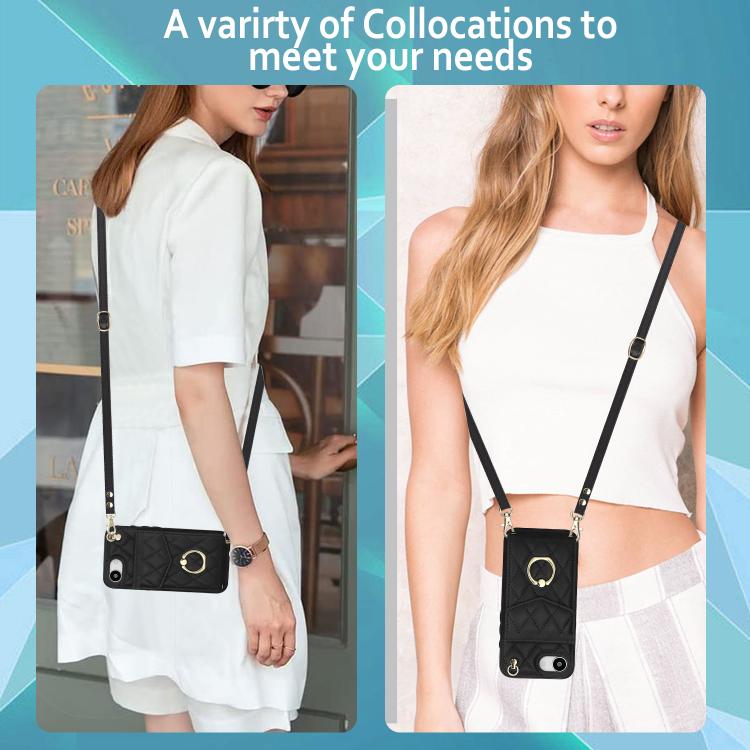 Rhombic Texture Card Bag Phone Case with Long Lanyard – Lanyard, Leather, TPU, For iPhone 17e / 16e, For iPhone 17 Pro Max, For iPhone 17 Pro