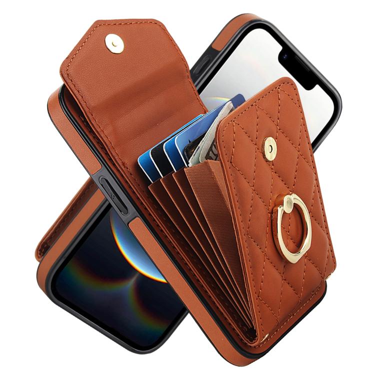 Rhombic Texture Card Bag Phone Case with Long Lanyard – Lanyard, Leather, TPU, For iPhone 17e / 16e, For iPhone 17 Pro Max, For iPhone 17 Pro For iPhone 17e 16e Brown