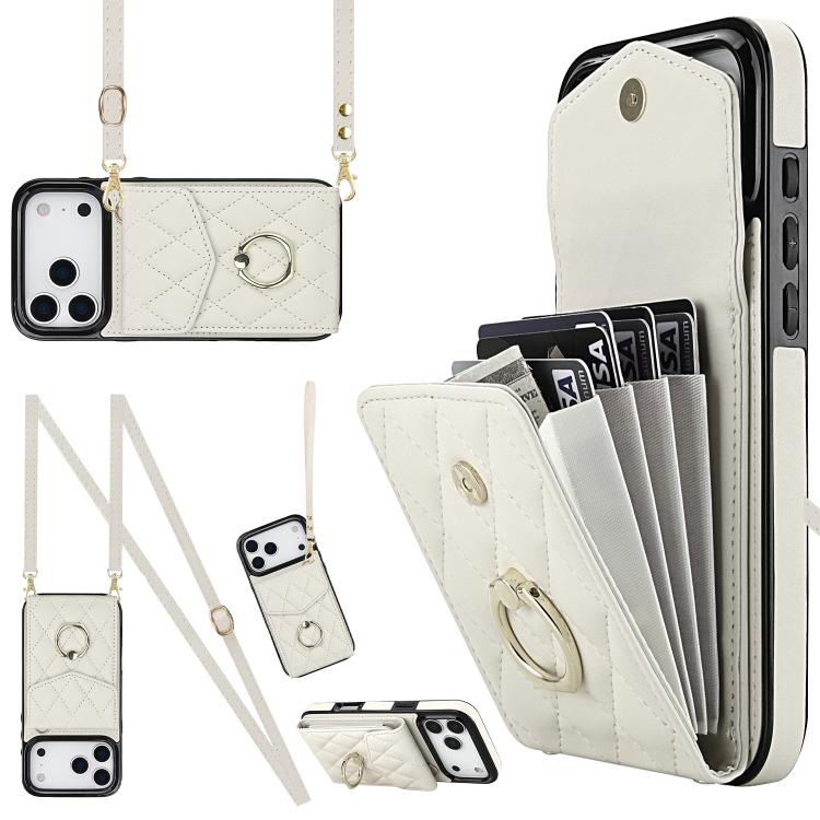 Rhombic Texture Card Bag Phone Case with Long Lanyard – Lanyard, Leather, TPU, For iPhone 17e / 16e, For iPhone 17 Pro Max, For iPhone 17 Pro For iPhone 17 Pro Max White
