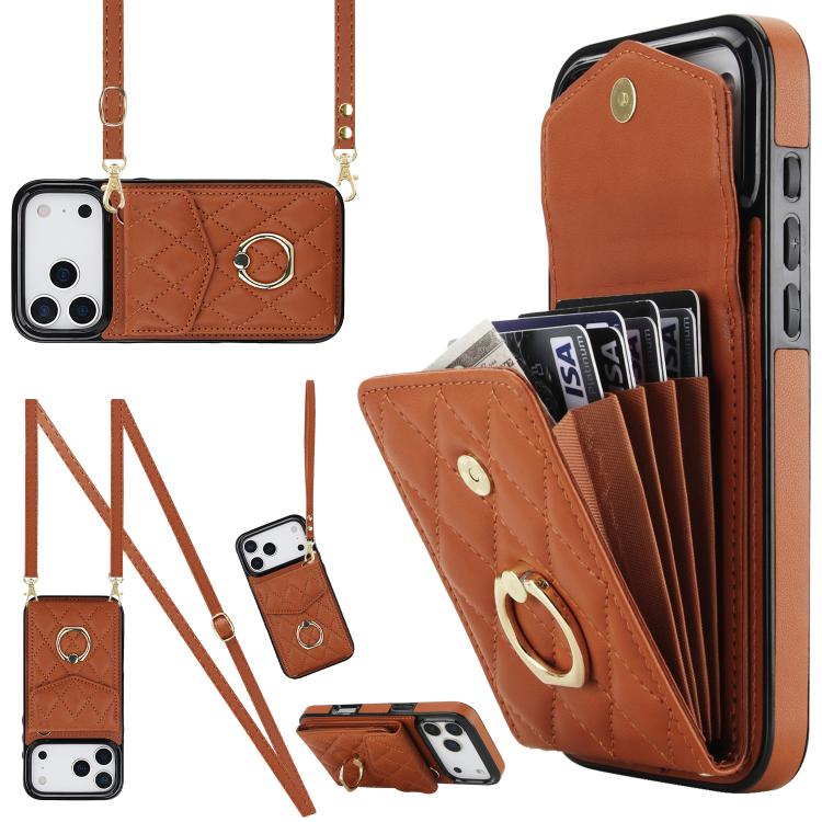 Rhombic Texture Card Bag Phone Case with Long Lanyard – Lanyard, Leather, TPU, For iPhone 17e / 16e, For iPhone 17 Pro Max, For iPhone 17 Pro For iPhone 17 Pro Max Brown