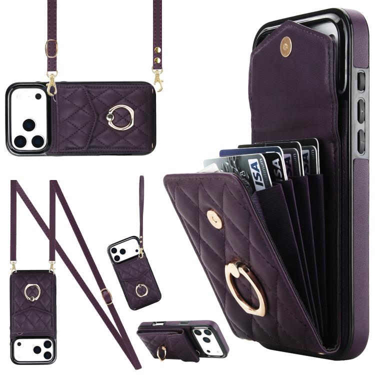 Rhombic Texture Card Bag Phone Case with Long Lanyard – Lanyard, Leather, TPU, For iPhone 17e / 16e, For iPhone 17 Pro Max, For iPhone 17 Pro For iPhone 17 Pro Max Dark Purple