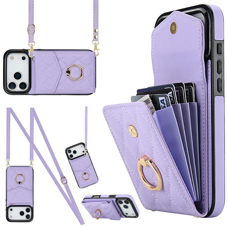 Rhombic Texture Card Bag Phone Case with Long Lanyard – Lanyard, Leather, TPU, For iPhone 17e / 16e, For iPhone 17 Pro Max, For iPhone 17 Pro For iPhone 17 Pro Max Light Purple