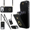 Rhombic Texture Card Bag Phone Case with Long Lanyard – Lanyard, Leather, TPU, For iPhone 17e / 16e, For iPhone 17 Pro Max, For iPhone 17 Pro For iPhone 18 Pro 17 Pro Black
