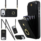 Rhombic Texture Card Bag Phone Case with Long Lanyard – Lanyard, Leather, TPU, For iPhone 17e / 16e, For iPhone 17 Pro Max, For iPhone 17 Pro For iPhone 18 Pro 17 Pro Black