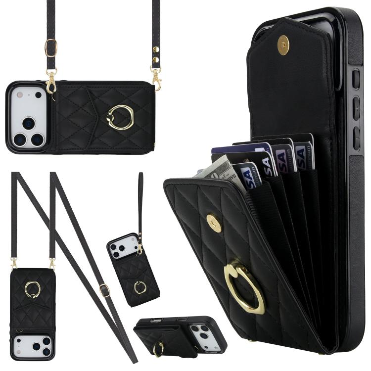 Rhombic Texture Card Bag Phone Case with Long Lanyard – Lanyard, Leather, TPU, For iPhone 17e / 16e, For iPhone 17 Pro Max, For iPhone 17 Pro For iPhone 17 Pro Black