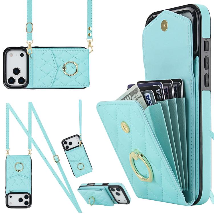 Rhombic Texture Card Bag Phone Case with Long Lanyard – Lanyard, Leather, TPU, For iPhone 17e / 16e, For iPhone 17 Pro Max, For iPhone 17 Pro For iPhone 17 Pro Mint Green