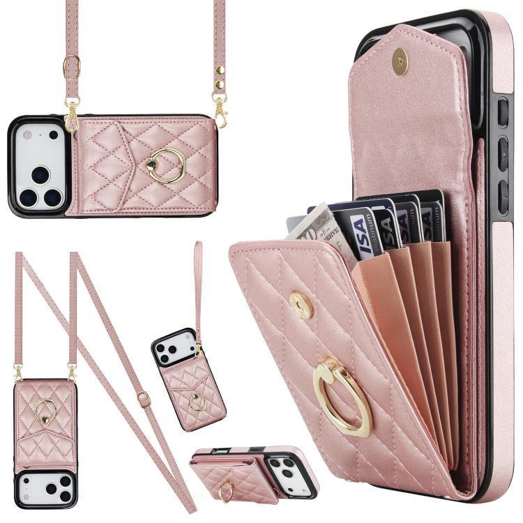Rhombic Texture Card Bag Phone Case with Long Lanyard – Lanyard, Leather, TPU, For iPhone 17e / 16e, For iPhone 17 Pro Max, For iPhone 17 Pro For iPhone 17 Pro Rose Gold