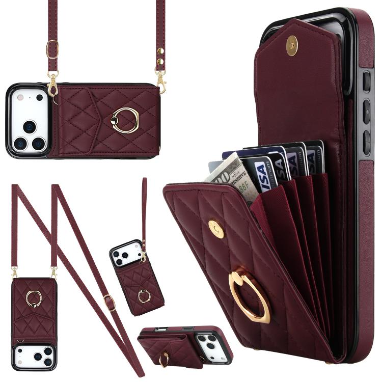 Rhombic Texture Card Bag Phone Case with Long Lanyard – Lanyard, Leather, TPU, For iPhone 17e / 16e, For iPhone 17 Pro Max, For iPhone 17 Pro For iPhone 17 Pro Wine Red