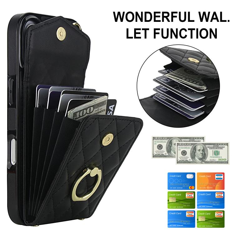 Rhombic Texture Card Bag Phone Case with Long Lanyard – Lanyard, Leather, TPU, For iPhone 17, For iPhone Air, For iPhone 15 Pro Max