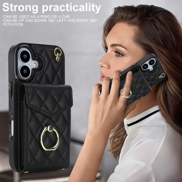 Rhombic Texture Card Bag Phone Case with Long Lanyard – Lanyard, Leather, TPU, For iPhone 17, For iPhone Air, For iPhone 15 Pro Max