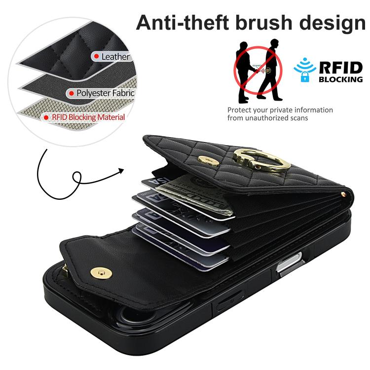 Rhombic Texture Card Bag Phone Case with Long Lanyard – Lanyard, Leather, TPU, For iPhone 17, For iPhone Air, For iPhone 15 Pro Max