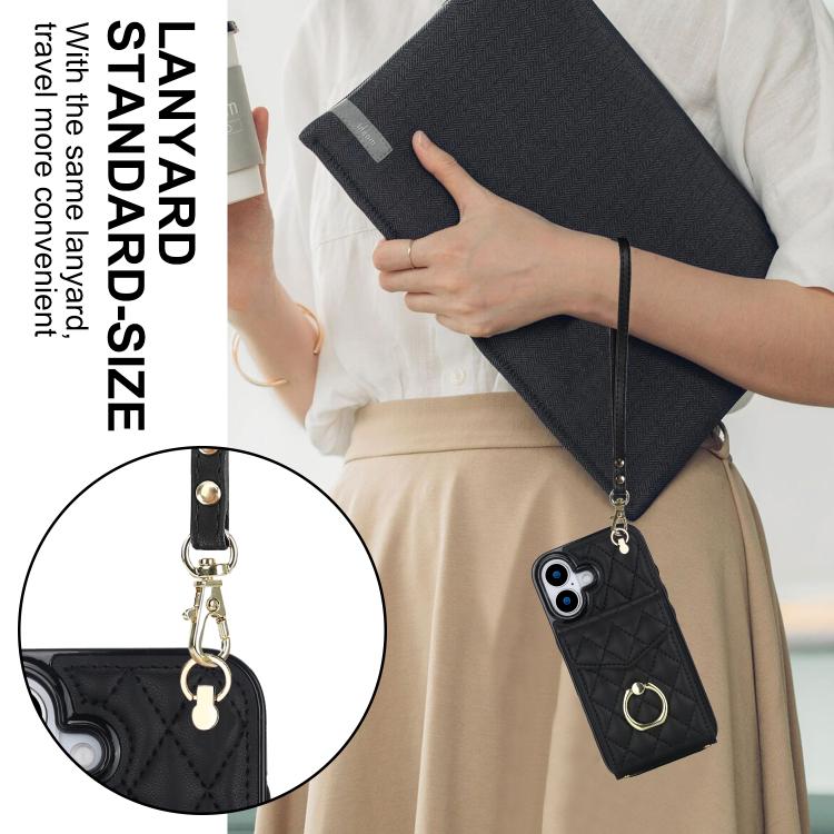 Rhombic Texture Card Bag Phone Case with Long Lanyard – Lanyard, Leather, TPU, For iPhone 17, For iPhone Air, For iPhone 15 Pro Max