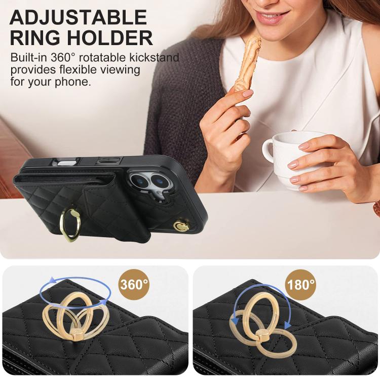 Rhombic Texture Card Bag Phone Case with Long Lanyard – Lanyard, Leather, TPU, For iPhone 17, For iPhone Air, For iPhone 15 Pro Max