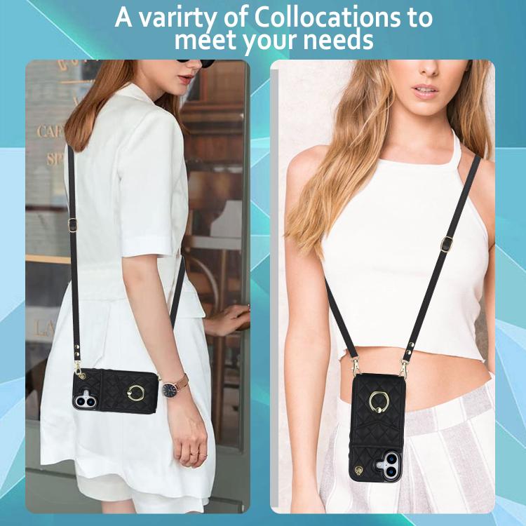Rhombic Texture Card Bag Phone Case with Long Lanyard – Lanyard, Leather, TPU, For iPhone 17, For iPhone Air, For iPhone 15 Pro Max