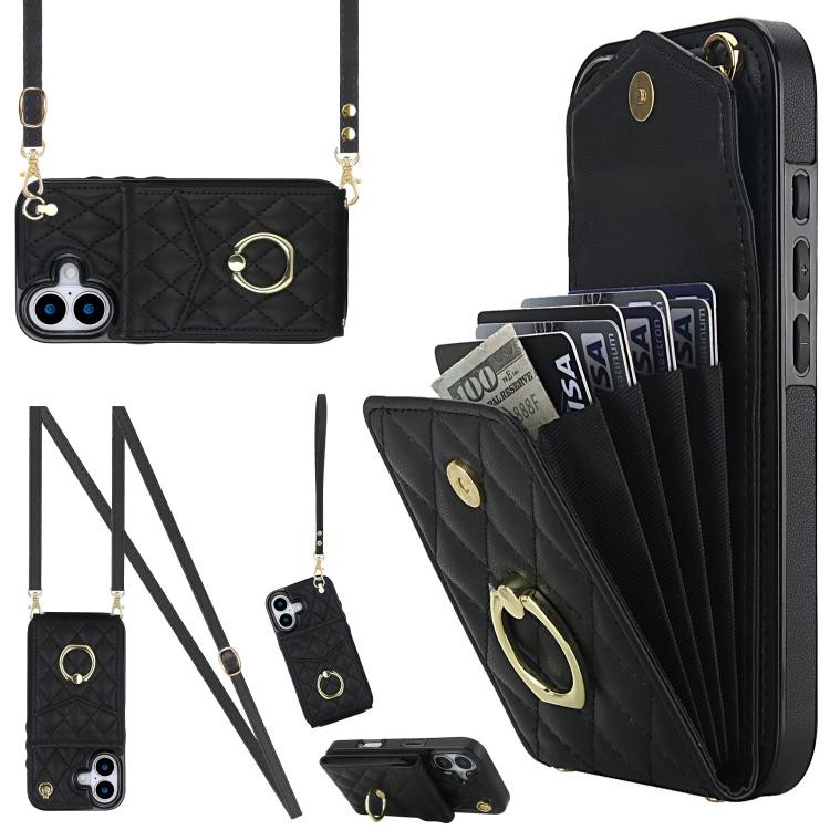 Rhombic Texture Card Bag Phone Case with Long Lanyard – Lanyard, Leather, TPU, For iPhone 17, For iPhone Air, For iPhone 15 Pro Max For iPhone 17 Black