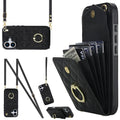 Rhombic Texture Card Bag Phone Case with Long Lanyard – Lanyard, Leather, TPU, For iPhone 17, For iPhone Air, For iPhone 15 Pro Max For iPhone 17 Black
