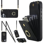 Rhombic Texture Card Bag Phone Case with Long Lanyard – Lanyard, Leather, TPU, For iPhone 17, For iPhone Air, For iPhone 15 Pro Max For iPhone 17 Black
