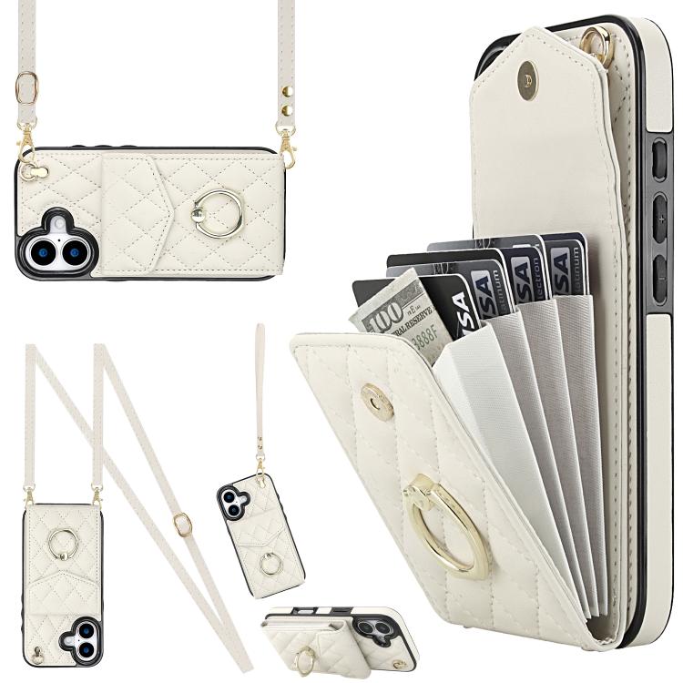Rhombic Texture Card Bag Phone Case with Long Lanyard – Lanyard, Leather, TPU, For iPhone 17, For iPhone Air, For iPhone 15 Pro Max For iPhone 17 White