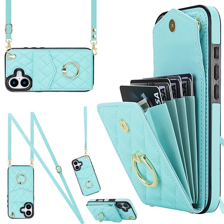 Rhombic Texture Card Bag Phone Case with Long Lanyard – Lanyard, Leather, TPU, For iPhone 17, For iPhone Air, For iPhone 15 Pro Max For iPhone 17 Mint Green
