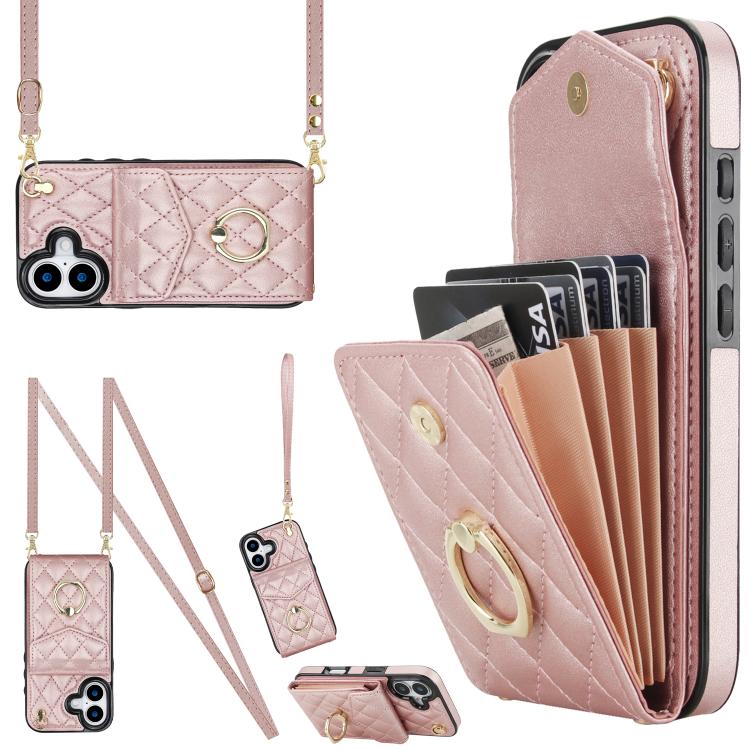 Rhombic Texture Card Bag Phone Case with Long Lanyard – Lanyard, Leather, TPU, For iPhone 17, For iPhone Air, For iPhone 15 Pro Max For iPhone 17 Rose Gold