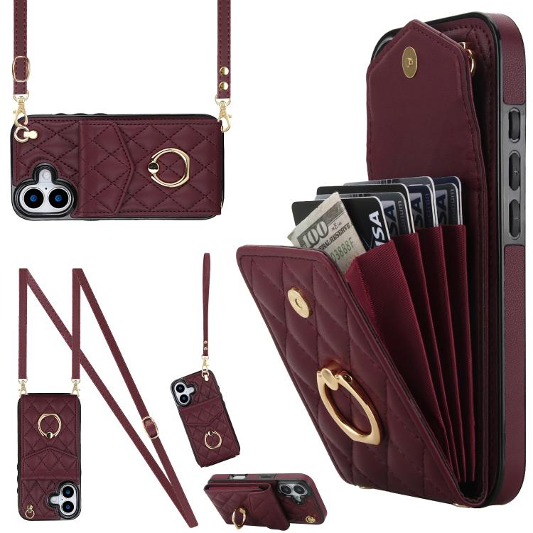Rhombic Texture Card Bag Phone Case with Long Lanyard – Lanyard, Leather, TPU, For iPhone 17, For iPhone Air, For iPhone 15 Pro Max For iPhone 17 Wine Red
