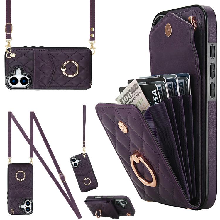 Rhombic Texture Card Bag Phone Case with Long Lanyard – Lanyard, Leather, TPU, For iPhone 17, For iPhone Air, For iPhone 15 Pro Max For iPhone 17 Dark Purple