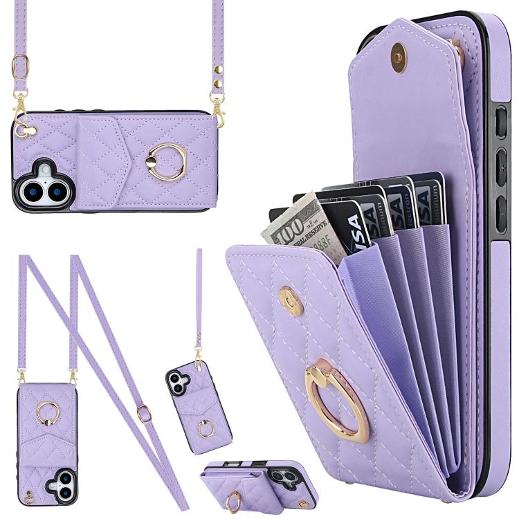Rhombic Texture Card Bag Phone Case with Long Lanyard – Lanyard, Leather, TPU, For iPhone 17, For iPhone Air, For iPhone 15 Pro Max For iPhone 17 Light Purple
