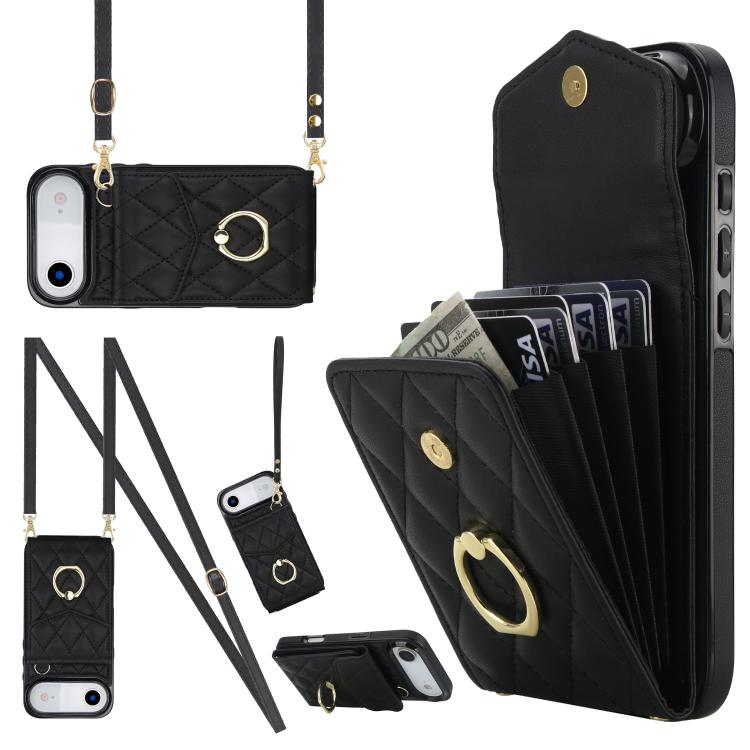 Rhombic Texture Card Bag Phone Case with Long Lanyard – Lanyard, Leather, TPU, For iPhone 17, For iPhone Air, For iPhone 15 Pro Max For iPhone Air Black