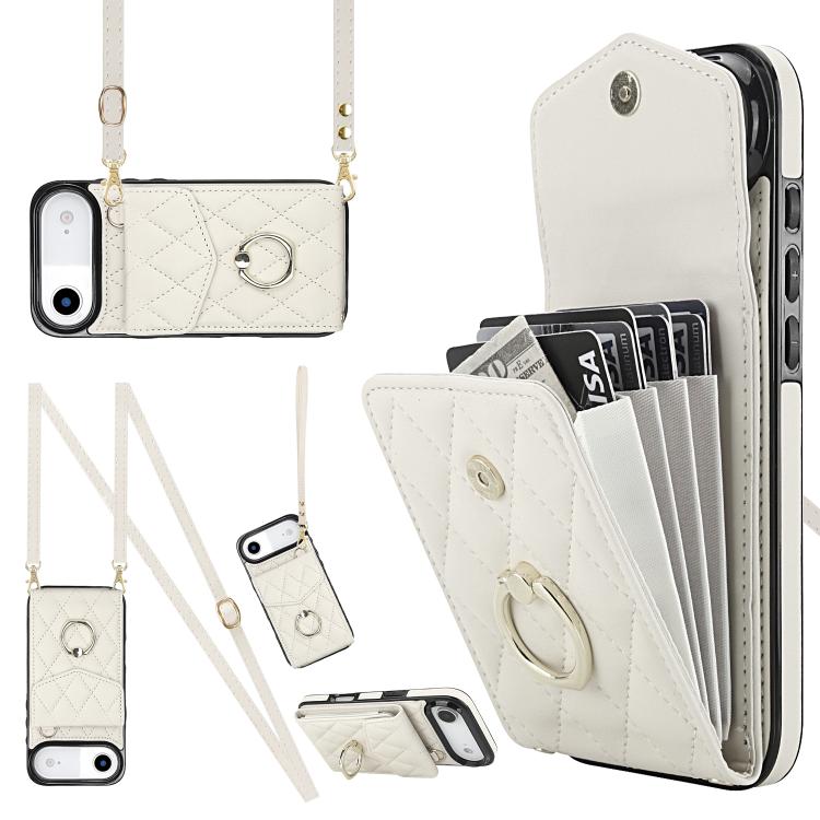 Rhombic Texture Card Bag Phone Case with Long Lanyard – Lanyard, Leather, TPU, For iPhone 17, For iPhone Air, For iPhone 15 Pro Max For iPhone Air White
