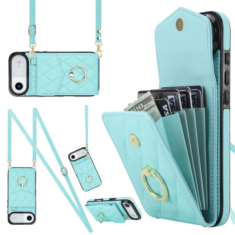 Rhombic Texture Card Bag Phone Case with Long Lanyard – Lanyard, Leather, TPU, For iPhone 17, For iPhone Air, For iPhone 15 Pro Max For iPhone Air Mint Green