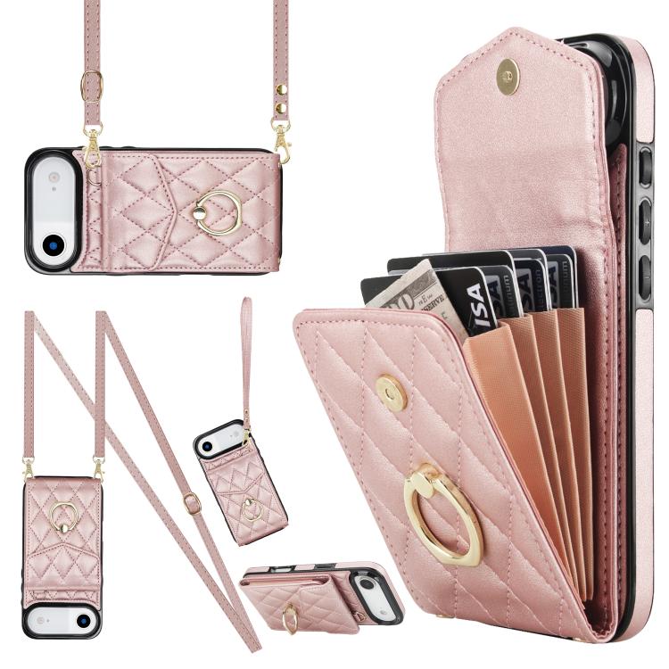 Rhombic Texture Card Bag Phone Case with Long Lanyard – Lanyard, Leather, TPU, For iPhone 17, For iPhone Air, For iPhone 15 Pro Max For iPhone Air Rose Gold