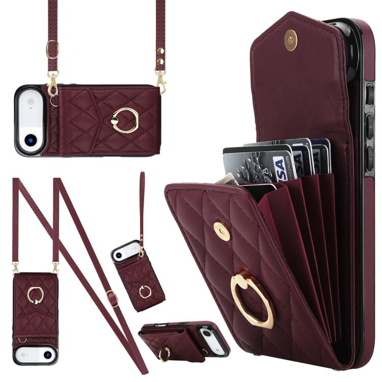 Rhombic Texture Card Bag Phone Case with Long Lanyard – Lanyard, Leather, TPU, For iPhone 17, For iPhone Air, For iPhone 15 Pro Max For iPhone Air Wine Red