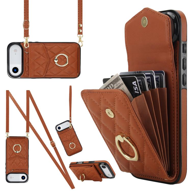 Rhombic Texture Card Bag Phone Case with Long Lanyard – Lanyard, Leather, TPU, For iPhone 17, For iPhone Air, For iPhone 15 Pro Max For iPhone Air Brown