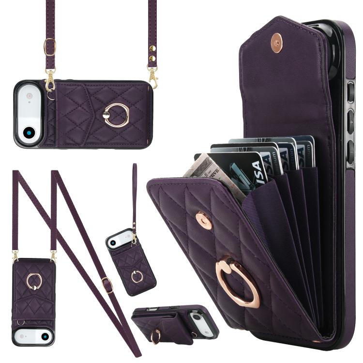 Rhombic Texture Card Bag Phone Case with Long Lanyard – Lanyard, Leather, TPU, For iPhone 17, For iPhone Air, For iPhone 15 Pro Max For iPhone Air Dark Purple