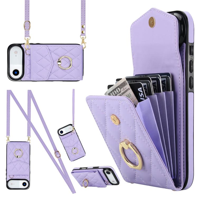 Rhombic Texture Card Bag Phone Case with Long Lanyard – Lanyard, Leather, TPU, For iPhone 17, For iPhone Air, For iPhone 15 Pro Max For iPhone Air Light Purple