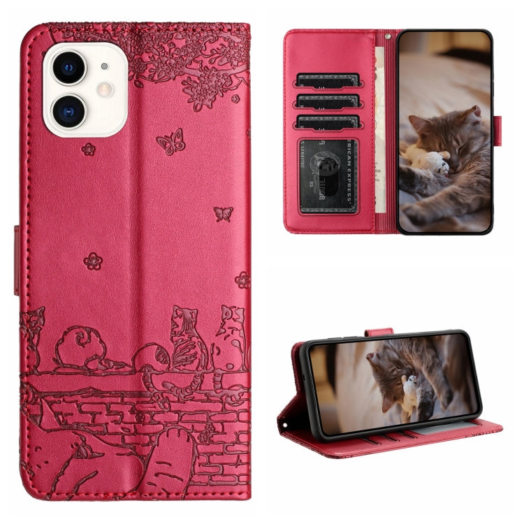 Cat Embossing Pattern Leather Phone Case with Lanyard, For iPhone 12 mini, For iPhone 11 Pro Max, For iPhone 11, For iPhone 11 Pro For iPhone 12 mini Red