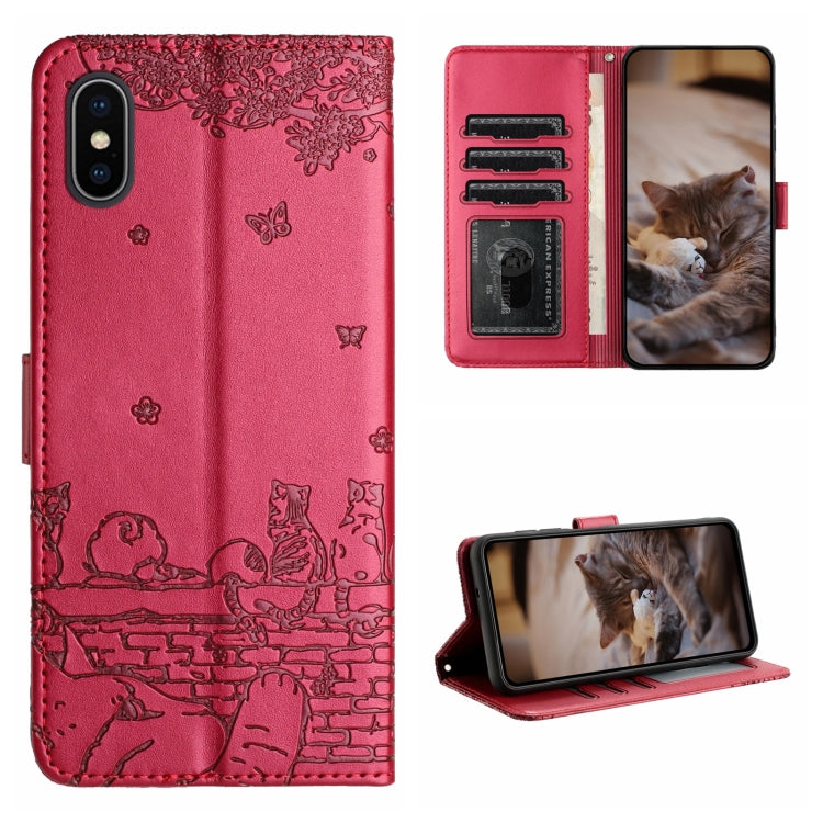 Cat Embossing Pattern Leather Phone Case with Lanyard, For iPhone XS Max, For iPhone X, For iPhone 7 Plus / 8 Plus For iPhone XS Max Red