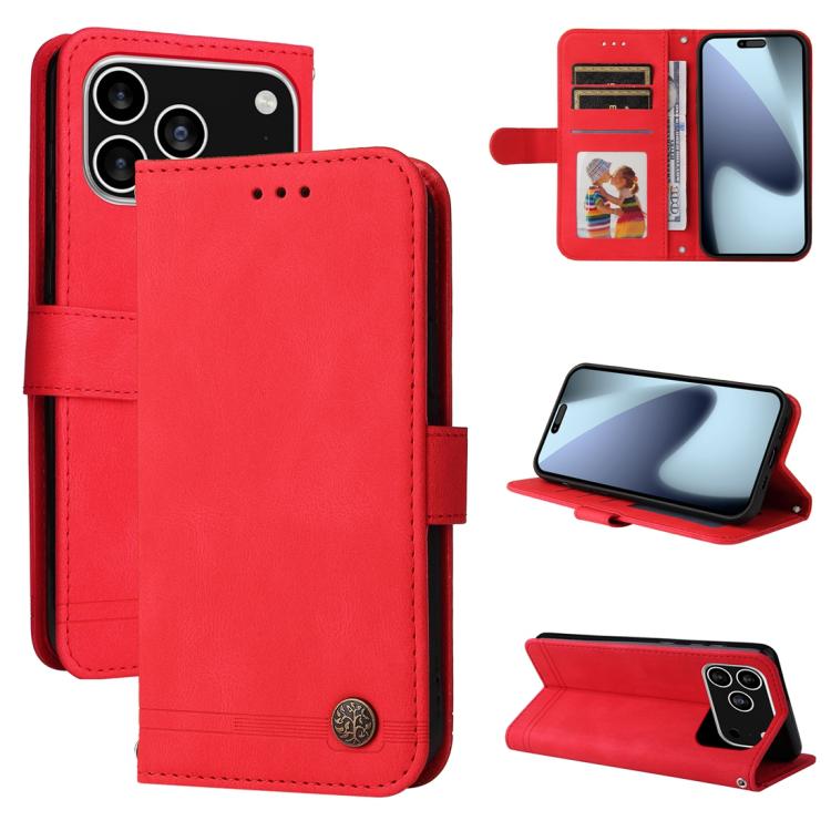 Skin Feel Life Tree Leather Phone Case – Card Slot, Leather, TPU, For iPhone 17e / 16e, For iPhone 17 Pro Max, For iPhone 17 Pro, For iPhone 17 For iPhone 17 Pro Red