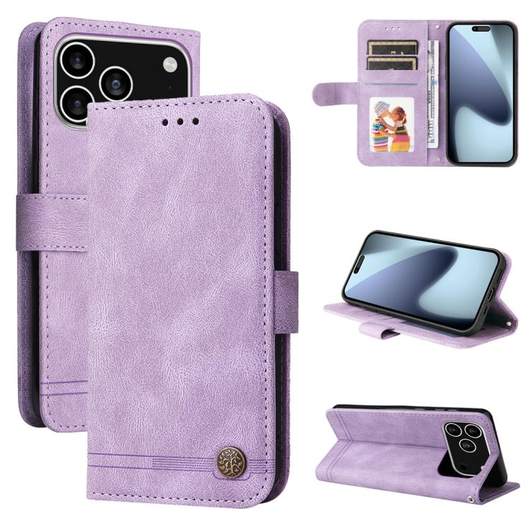 Skin Feel Life Tree Leather Phone Case – Card Slot, Leather, TPU, For iPhone 17e / 16e, For iPhone 17 Pro Max, For iPhone 17 Pro, For iPhone 17 For iPhone 17 Pro Purple