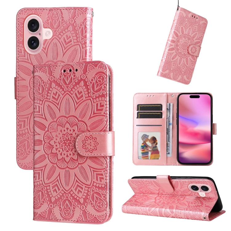 Embossed Sunflower Leather Phone Case – Wear-resistant, Card Slot, Kickstand, For iPhone 16, For iPhone 15 Pro Max, For iPhone 15 Pro, For iPhone 15 Plus For iPhone 16 Pink