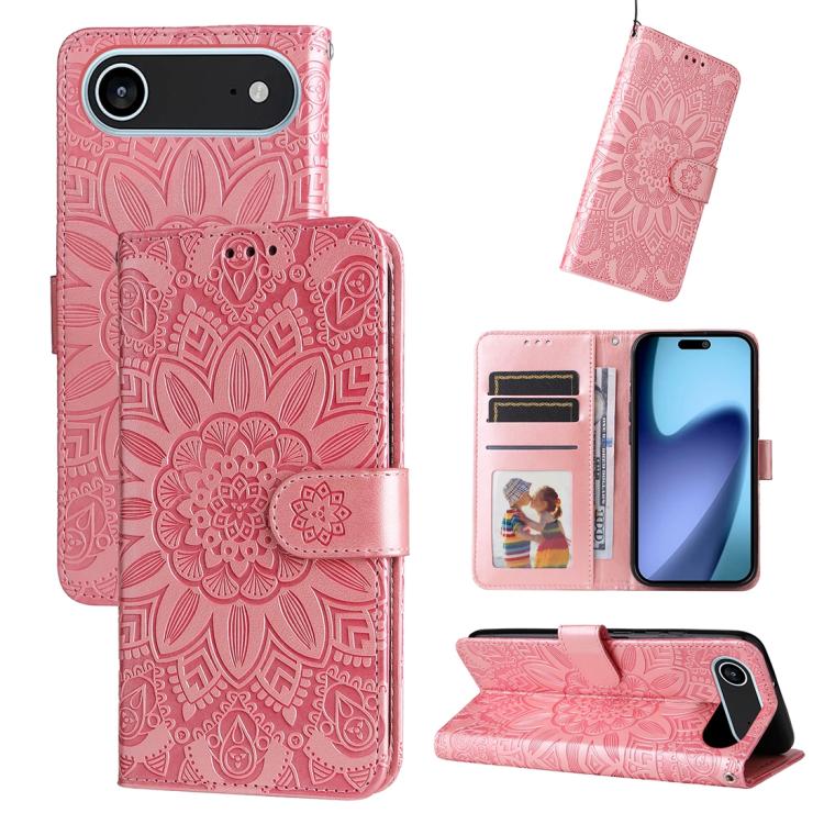 Embossed Sunflower Leather Phone Case, For iPhone Air, For iPhone 16 Pro Max, For iPhone 16 Pro, For iPhone 16 Plus For iPhone Air Pink