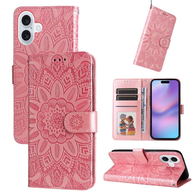 Embossed Sunflower Leather Phone Case – Wear-resistant, Card Slot, Kickstand, For iPhone 17e / 16e, For iPhone 17 Pro Max, For iPhone 17 Pro, For iPhone 17 For iPhone 17 Pink