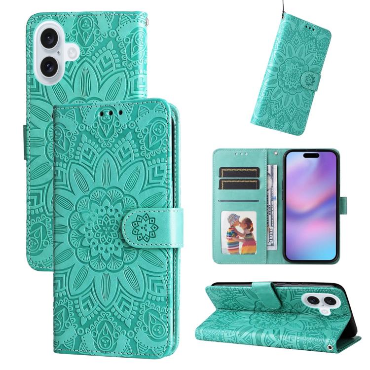 Embossed Sunflower Leather Phone Case – Wear-resistant, Card Slot, Kickstand, For iPhone 17e / 16e, For iPhone 17 Pro Max, For iPhone 17 Pro, For iPhone 17 For iPhone 17 Green