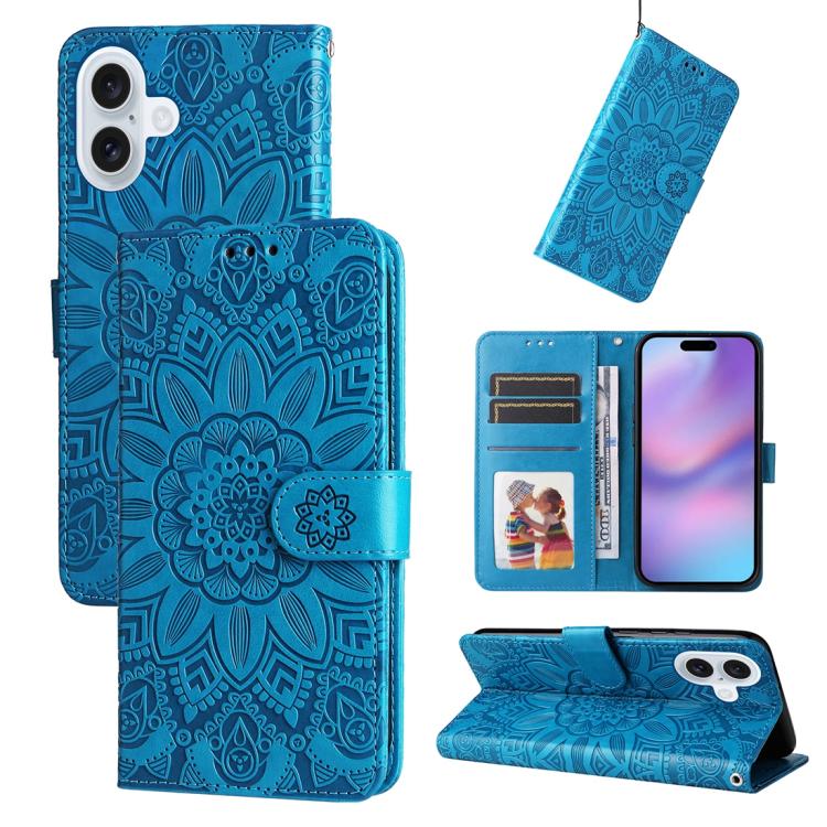 Embossed Sunflower Leather Phone Case – Wear-resistant, Card Slot, Kickstand, For iPhone 17e / 16e, For iPhone 17 Pro Max, For iPhone 17 Pro, For iPhone 17 For iPhone 17 Blue