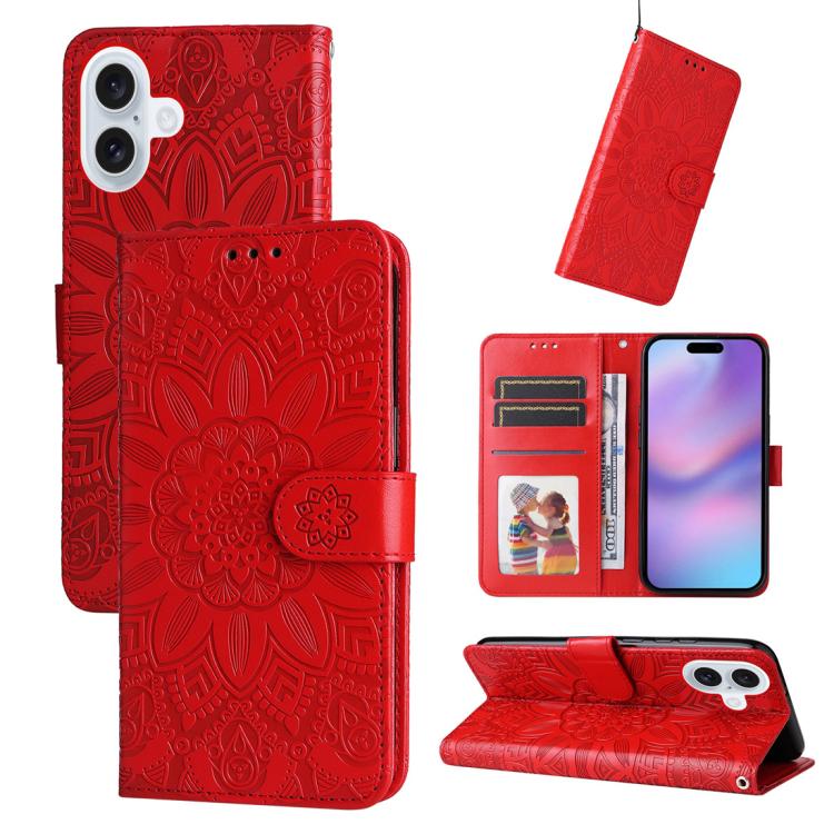 Embossed Sunflower Leather Phone Case – Wear-resistant, Card Slot, Kickstand, For iPhone 17e / 16e, For iPhone 17 Pro Max, For iPhone 17 Pro, For iPhone 17 For iPhone 17 Red
