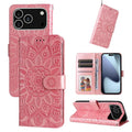 Embossed Sunflower Leather Phone Case – Wear-resistant, Card Slot, Kickstand, For iPhone 17e / 16e, For iPhone 17 Pro Max, For iPhone 17 Pro, For iPhone 17 For iPhone 18 Pro 17 Pro Pink