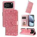 Embossed Sunflower Leather Phone Case – Wear-resistant, Card Slot, Kickstand, For iPhone 17e / 16e, For iPhone 17 Pro Max, For iPhone 17 Pro, For iPhone 17 For iPhone 18 Pro 17 Pro Pink