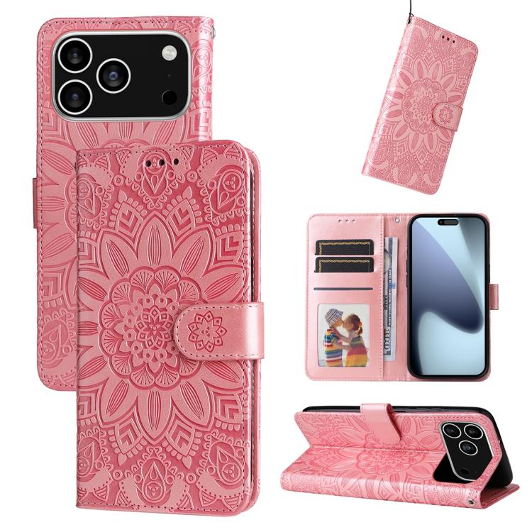 Embossed Sunflower Leather Phone Case – Wear-resistant, Card Slot, Kickstand, For iPhone 17e / 16e, For iPhone 17 Pro Max, For iPhone 17 Pro, For iPhone 17 For iPhone 18 Pro 17 Pro Pink